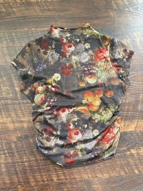 Floral Fruit Print Short Sleeve Top - Multicolor